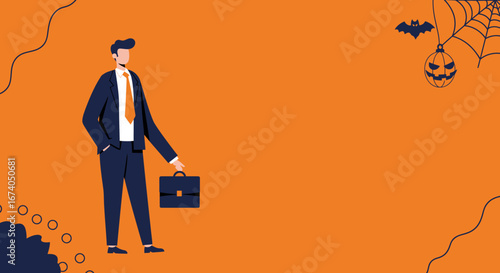 Businessman with a briefcase on an orange background, accented by subtle Halloween decor. Ideal for professional holiday promotions or seasonal business events.