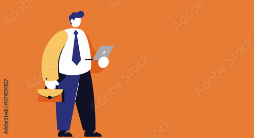 Professional businessman illustration reviewing data on a laptop while holding a briefcase, ideal for modern corporate concepts and digital business.