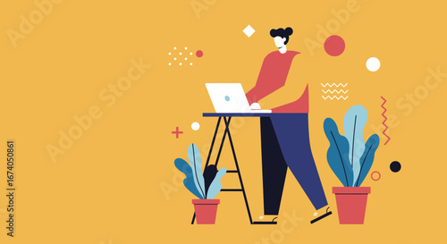 Stylish flat illustration of a person working on a laptop at a standing desk, surrounded by plants, symbolizing modern remote work and productivity.