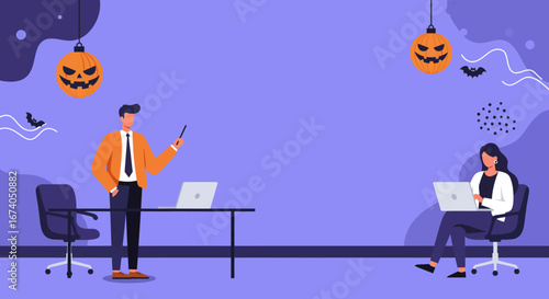 Business professionals working in a Halloween-themed office. A man presents, a woman works on laptop. Ideal for seasonal corporate concepts.