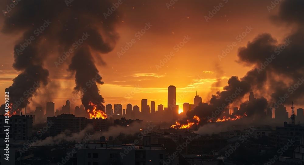 Obraz premium Apocalyptic Cityscape During a Fiery Sunset with Intense Smoke Plumes