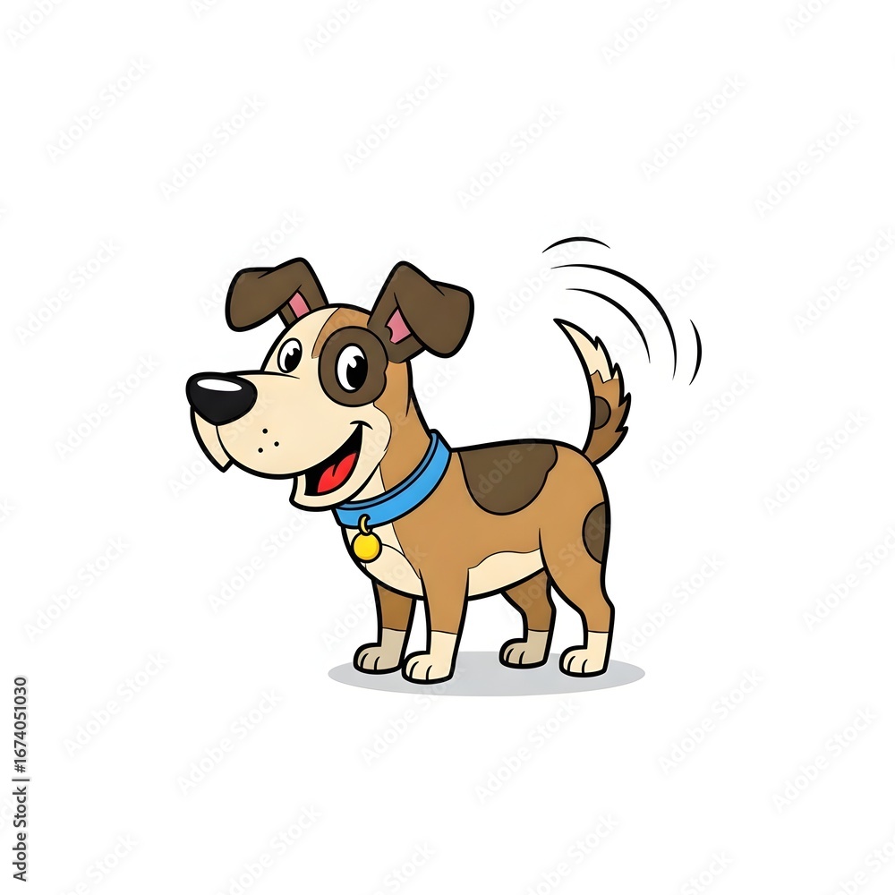 Fototapeta premium A cartoon illustration of a brown and white dog with a blue collar, wagging its tail and smiling, set against a white background.