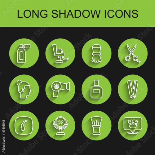 Set line Human hair follicle, Hand mirror, Aftershave with atomizer, Shaving brush, Barbershop, Hair dryer, Curling iron for and icon. Vector