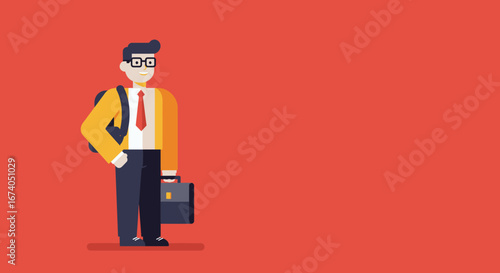 Smiling business professional with a briefcase and backpack, ready for work, travel, or new opportunities. Modern flat design illustration with ample copy space.