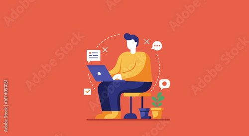 Illustration of a person focused on a laptop, symbolizing remote work, online education, or digital communication and productivity.