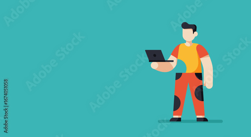 Modern illustration of a man holding a laptop, symbolizing remote work, digital communication, online business, or technology use.
