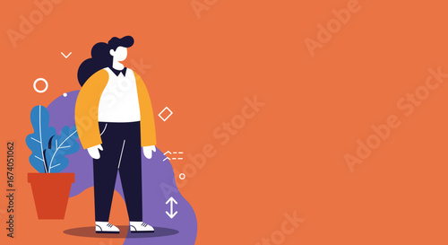 Modern flat design illustration of a standing woman next to a potted plant, looking forward with ample copy space. Ideal for business, lifestyle, or presentation concepts.