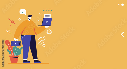 Professional man with laptop and briefcase, symbolizing business, remote work, and productivity. Ideal for digital solutions and online success.