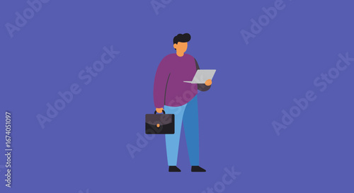 Illustrated business person holding a laptop and briefcase, representing productivity, mobile work, and professional success in a digital age.