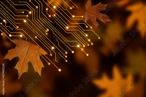 Modern tech autumn wallpaper, circuit board lines blending into falling leaves pattern, deep brown and amber tones, minimal design with blank area,