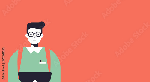 Minimalist illustration of a focused man in glasses using a laptop on a vibrant background, ideal for technology, education, or business concepts.