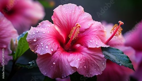vibrant pink hibiscus flower with water droplets on petals