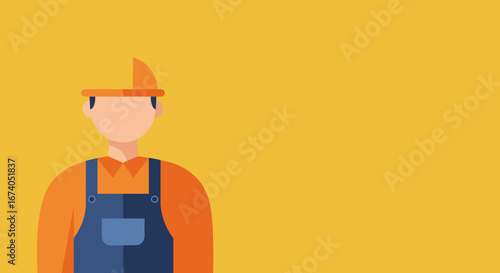 Flat design illustration of a professional worker in a hard hat and overalls, symbolizing labor, construction, and safety. Ideal for business, industry, and service concepts.