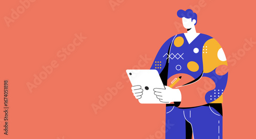 Modern illustration of a creative professional using a digital tablet and stylus. Represents innovation, design, and digital work in business and education.