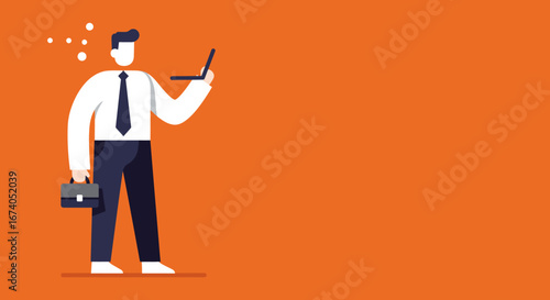 Professional businessman with a laptop and briefcase, engaged in digital work and generating new ideas. Ideal for concepts of business, technology, innovation, and strategic planning.