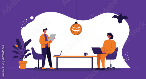 Colleagues collaborate in a festive office adorned with Halloween decorations, blending work with holiday spirit. Ideal for seasonal business themes.