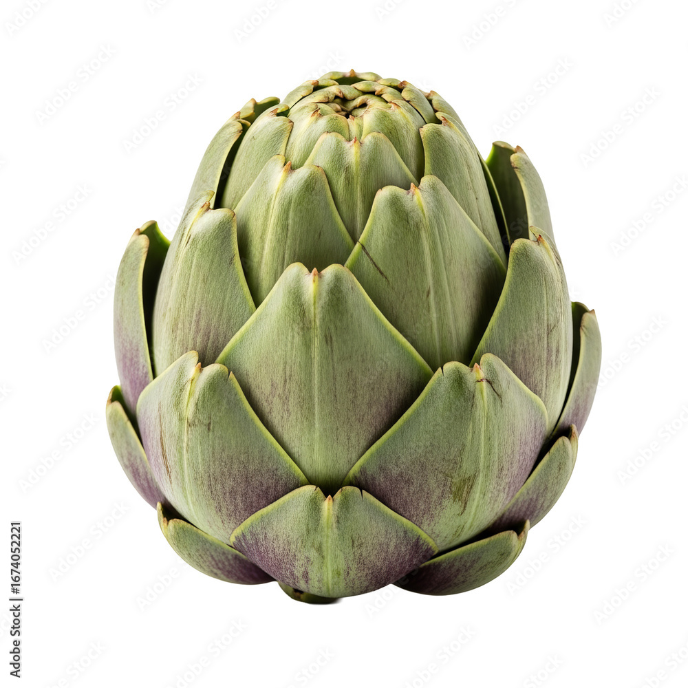 Fototapeta premium Artichoke flower head shows layered petals in symmetrical pattern on a isolated background.