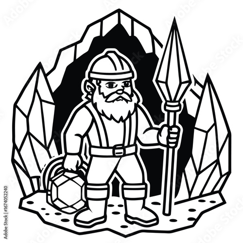 Sturdy dwarf miner with detailed beard and gear coloring page vector art design 