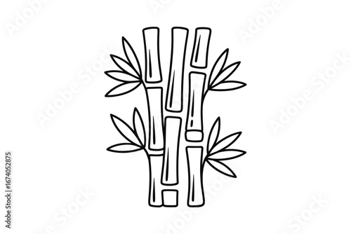 Simple hand drawn black and white outline of bamboo stalks with leaves