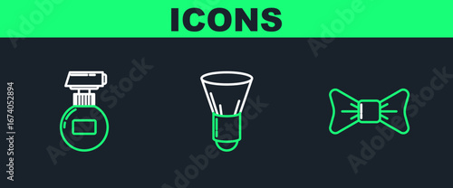 Set line Bow tie, Cream or lotion cosmetic tube and Shaving brush icon. Vector