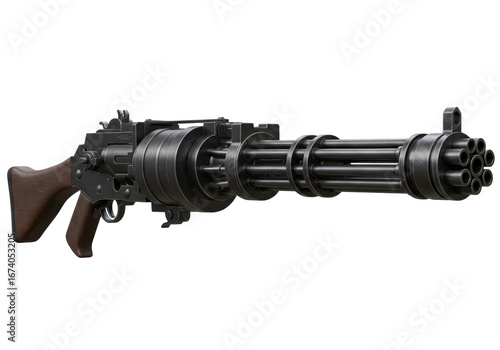 Isolated minigun weapon rotary machine gun, rapid fire powerful armament tool firearm