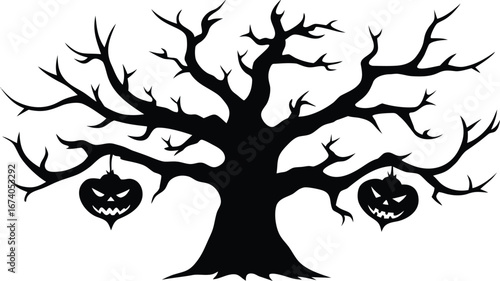 Photo of silhouette of a spooky tree with jackolanterns hanging from branches