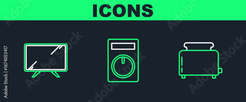 Set line Toaster with toasts, Smart Tv and Remote control icon. Vector
