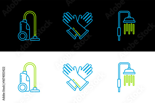 Set line Shower head with water drops flowing, Vacuum cleaner and Rubber gloves icon. Vector