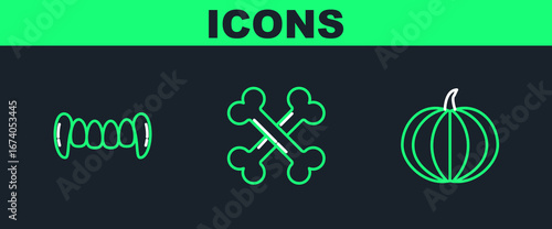 Set line Pumpkin, Vampire teeth and Crossed bones icon. Vector