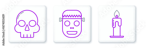 Set line Burning candle, Skull and Zombie mask icon. Vector