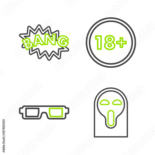 Set line Funny and scary ghost mask, 3D cinema glasses, Under 18 years and Bang boom text speech bubble balloon icon. Vector