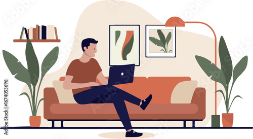 Man using laptop in sofa - Person sitting cross legged in couch at home in living room relaxing with laptop in lap smiling. Flat design isolated vector illustration graphic on white background 