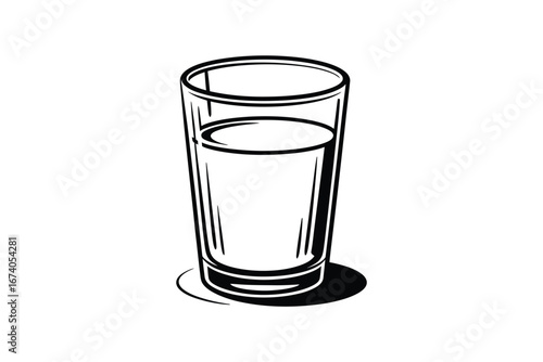 Simple line drawing of a tall glass filled with clear liquid and a shadow