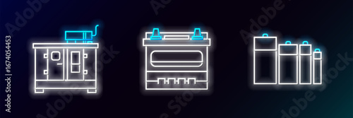 Set line Battery, Diesel power generator and Car battery icon. Glowing neon. Vector