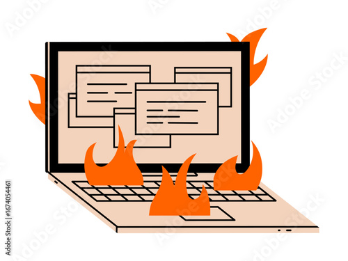 Hand drawn cute cartoon illustration of laptop on fire. Flat vector education or work device doodle. Deadline icon. Professional burnout. Freelance urgent order. Isolated.