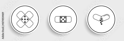 Set line Medicine pill or tablet, Crossed bandage plaster and Bandage icon. Vector
