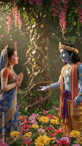 Radha and Krishna share a heartfelt moment surrounded by a vibrant floral background depicting their first meeting