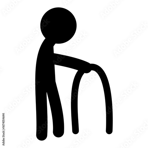 Elderly stick figure illustration of senior using cane, simple design for aging, mobility, and healthcare concept.