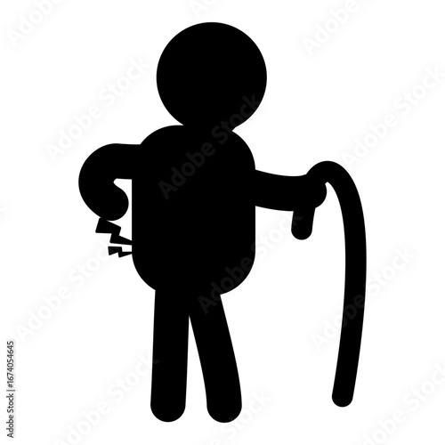 Elderly stick figure illustration of old person with cane and pain, senior character design for disability and healthcare concept.