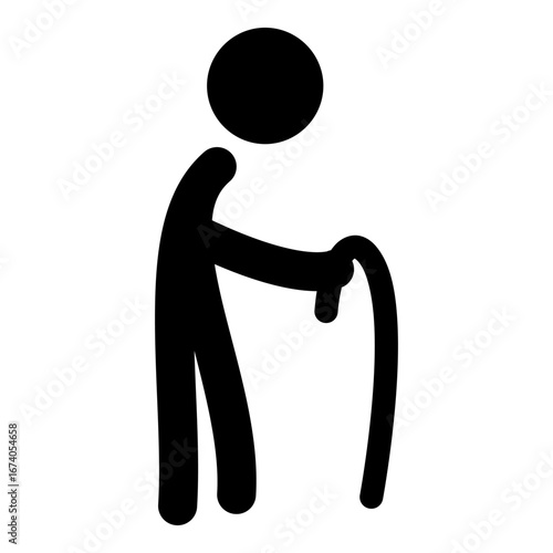 Elderly stick figure illustration of old person walking with cane, simple senior character design for healthcare and aging concept.