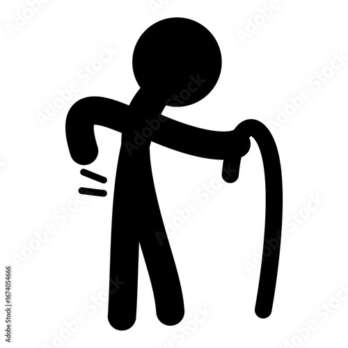 Elderly stick figure illustration of senior person using cane with back pain, symbol for healthcare, aging, and mobility issues.
