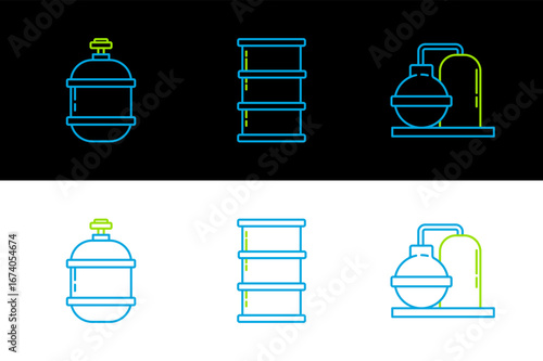 Set line Oil and gas industrial factory building, Propane tank and Barrel oil icon. Vector