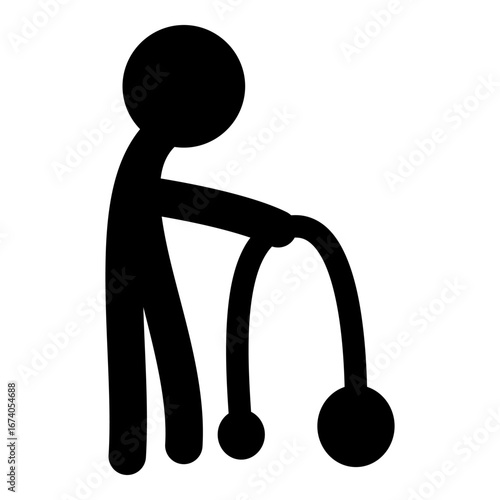Elderly stick figure illustration of old person walking with walker, symbol for senior mobility and healthcare support.