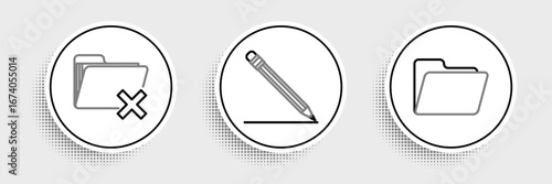 Set line Document folder, Delete and Pencil with eraser and line icon. Vector