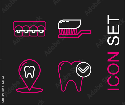 Set line Tooth whitening concept, Dental clinic location, Toothbrush with toothpaste and Teeth braces icon. Vector