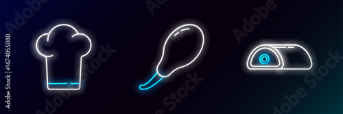 Set line Meat, Chef hat and Chicken leg icon. Glowing neon. Vector