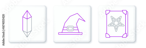 Set line Ancient magic book, Magic stone and Witch hat icon. Vector
