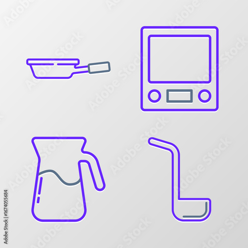 Set line Kitchen ladle, Jug glass with water, Electronic scales and Frying pan icon. Vector