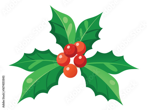 Cartoon Holly Berry Sprig with Green Leaves for Christmas Decoration