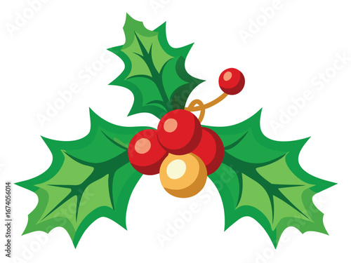 Cartoon Holly Berry Illustration with Red and Gold Berries